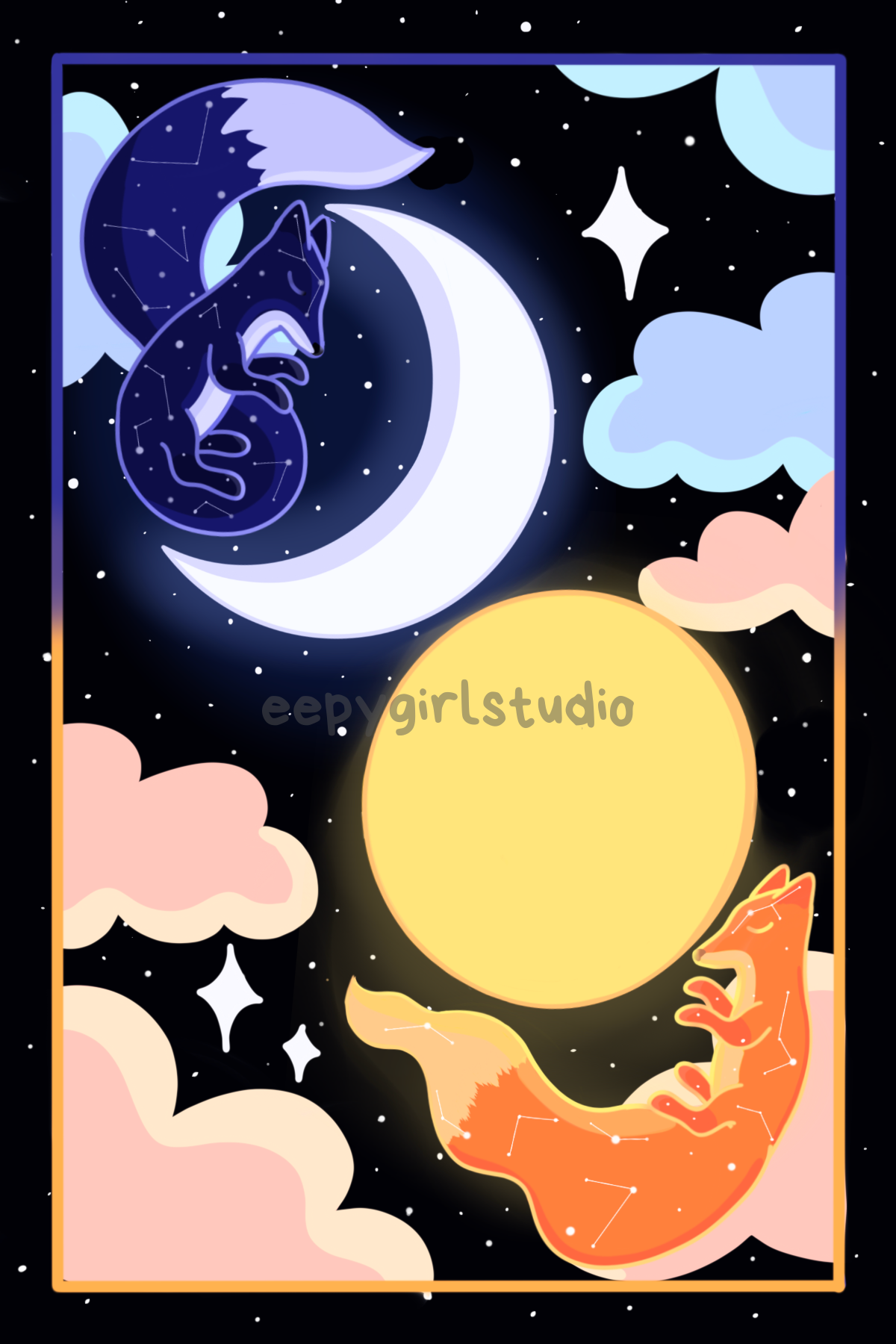 Astral Radiant Foxes 🌙☀️ 4x6 Art Print